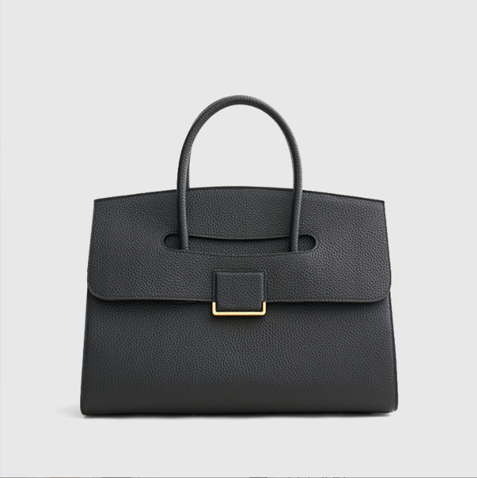Womens Leather Handbag Large Capacity Textured Top Handle Tote with Gold Buckle